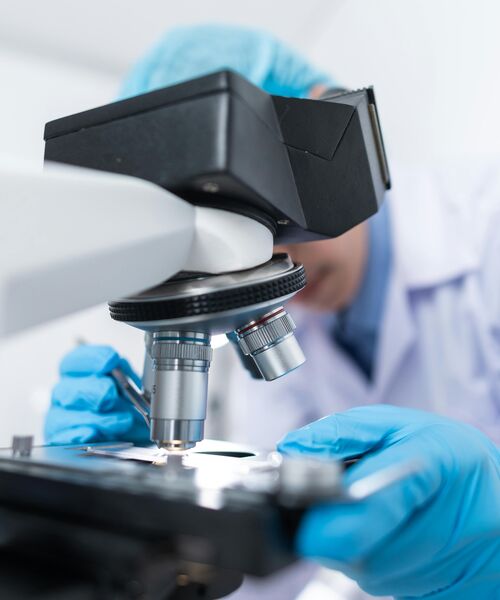 Laborfachkraft untersucht eine Probe unter dem Mikroskop, Nahaufnahme mit Fokus auf das Gerät.
