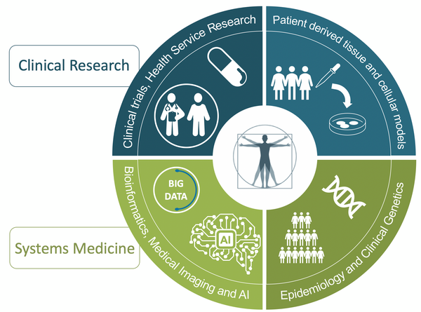 Grafische Darstellung der Bereiche Clinical Research und Systems Medicine mit Themen wie klinische Studien, Zellmodelle, Genetik, Big Data und künstliche Intelligenz.